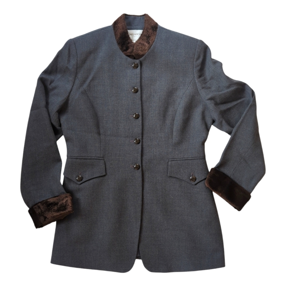 Vtg. Jones New York Wool Lined Long Line Suit Blazer Jacket 12 Gray Brown